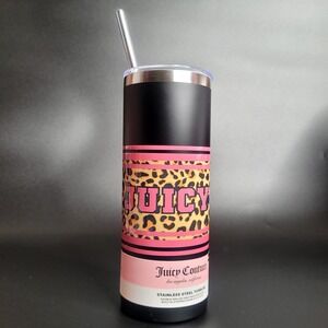 Juicy Couture Black Hot Pink Cheetah Leopard 24 oz Insulated Tumbler Straw NWT
